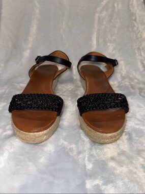 Woven Strap Black Espadrille Wedge Sandals - Women